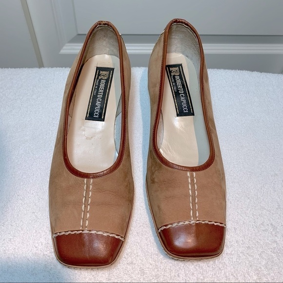 ROBERTO Capucci Made Italy Vintage 2 Tone Brown Suede Leather Wedge Shoes Sz 6.5 - Picture 3 of 14